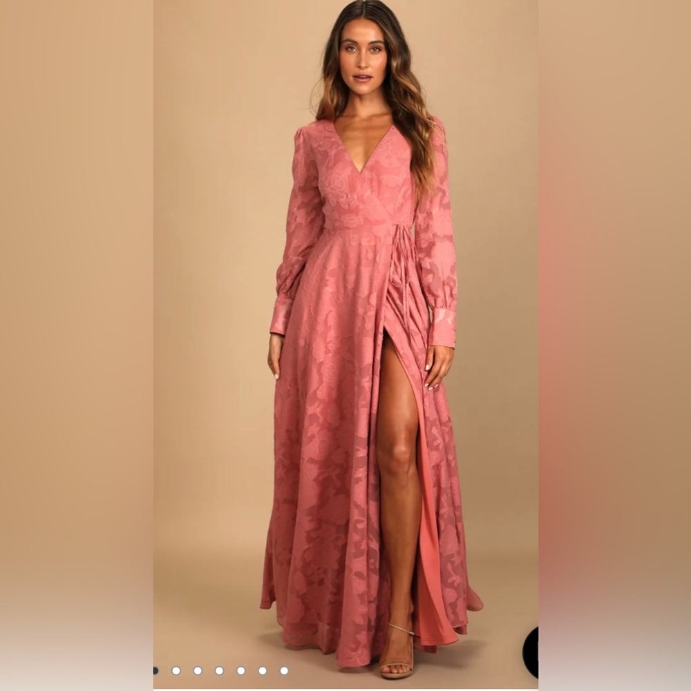 Rose Pink Floral Jacquard Long Sleeve Maxi Dress